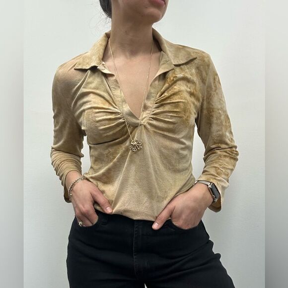 Vintage Y2K 90s Ruched Collared Polo Beige Tie Dye Long Sleeve Top Size M - Picture 1 of 8